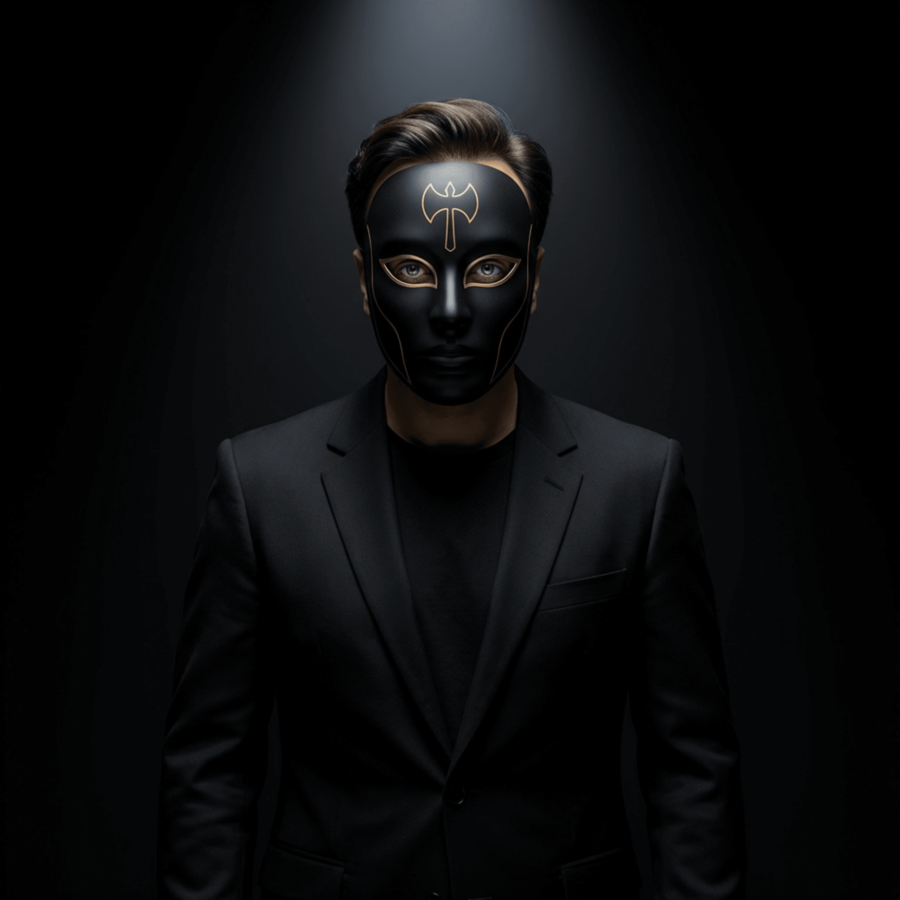 Canggo - masked producer in black suit with golden Oshe