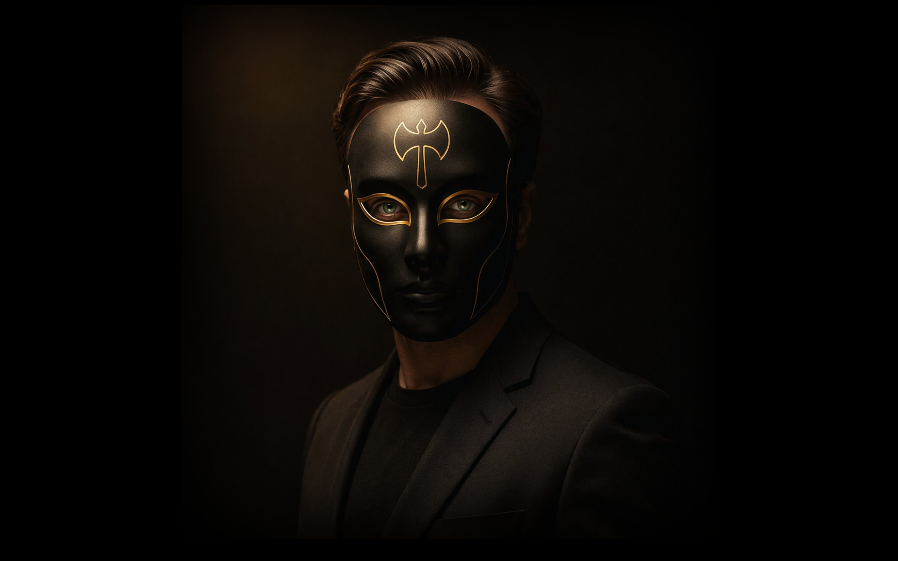 Canggo - masked producer in black suit with golden Oshe
